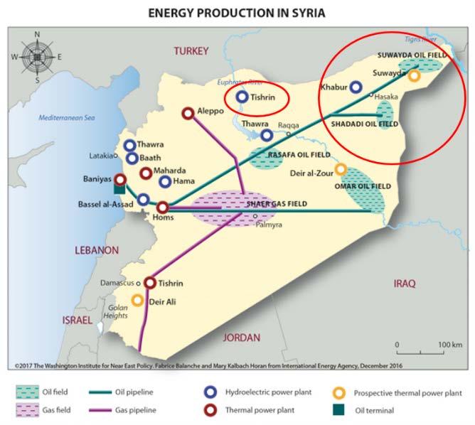 58 EASO COI MEETING REPORT - SYRIA: COI MEETING 30 NOVEMBER-1 DECEMBER 2017 The map (Map: Energy Production in Syria) shows the importance of oil in Rojava.