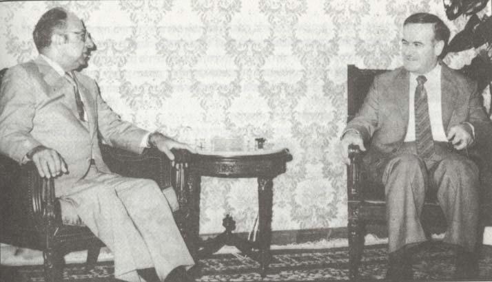 American mediator Philip Habib and Hafez Assad (June 9, 1982) meeting while the Israeli army was advancing through the eastern sector of Lebanon, known as Fatahland, during the first days (June 6-8)