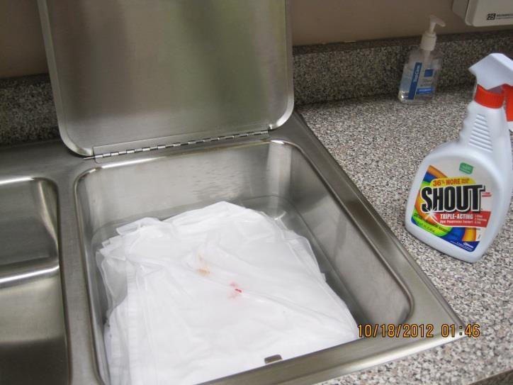 Cleaning the Vessels After Mass: (continued) All Precious Blood and lipstick stained linens need to be sprayed with stain remover and then placed into the sink (Sacrarium) with cold water.