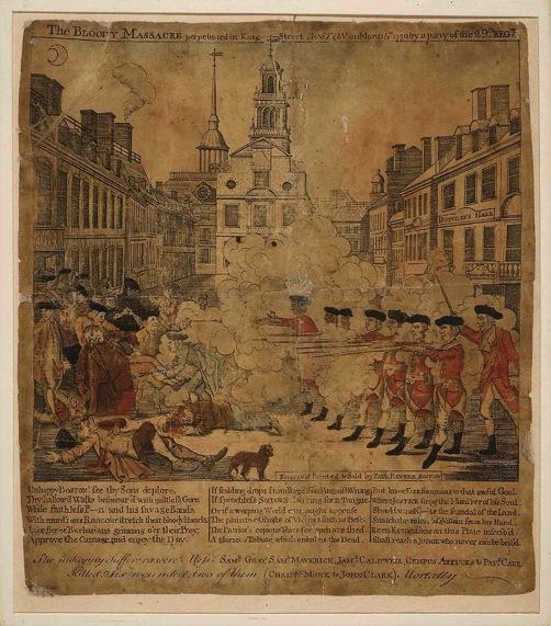Boston Massacre Images The Boston Massacre 1770 Paul Revere, Jr. Framed: 40.6 x 36.5 x 3.2 cm (16 x 14 3/8 x 1 1/4 in.) Sheet: 25.1 x 21.6 cm (9 7/8 x 8 1/2 in.