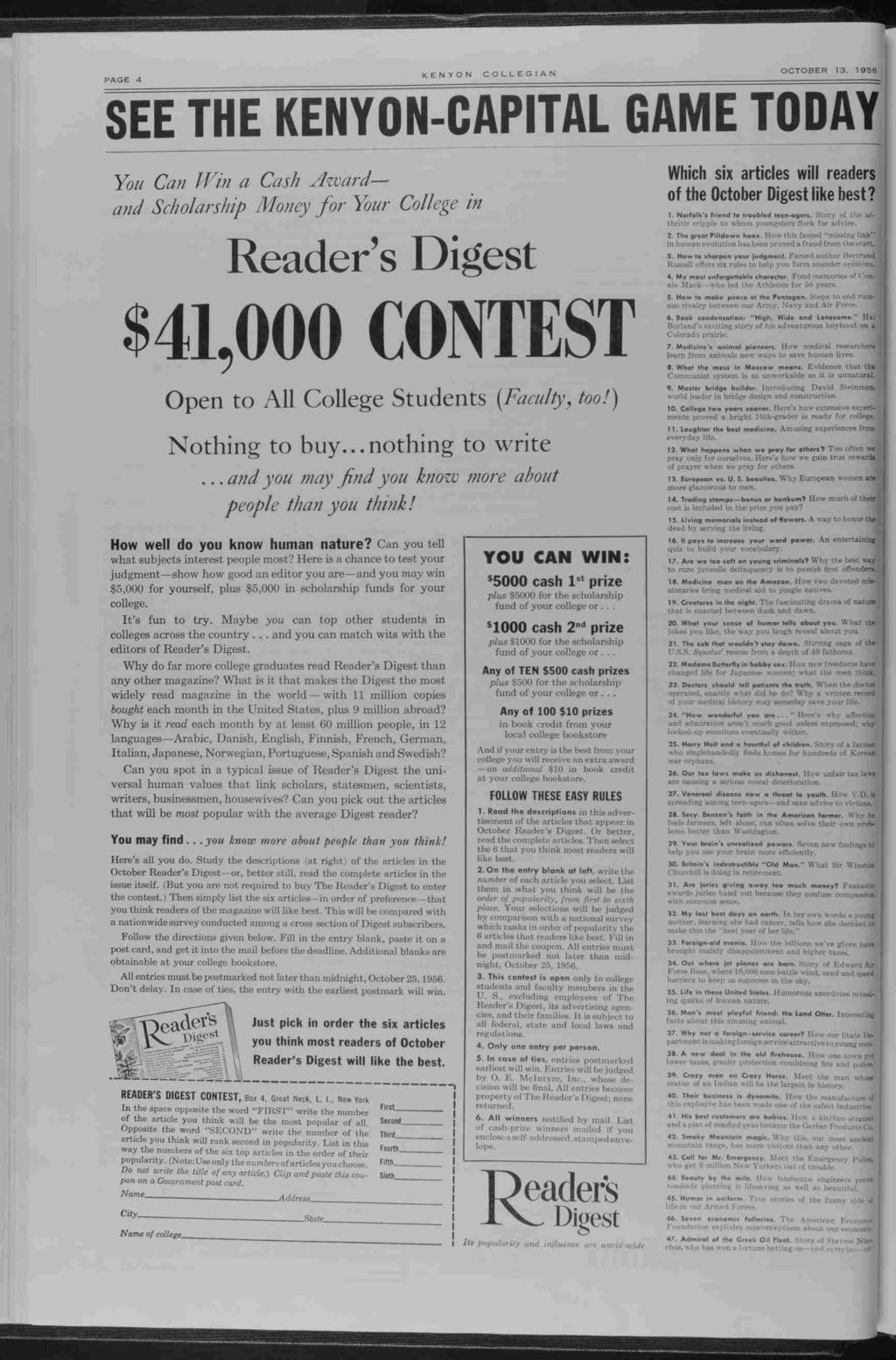 PAGE 4 KENYON OCTOBER 3, COLLEGAN 956 ETH KENYON-CAPT- A! TOBAY You Can Wn a Cash Award and Scholarshp Money for Your College n Readers Dgest Open to All College Students (Faculty, too!
