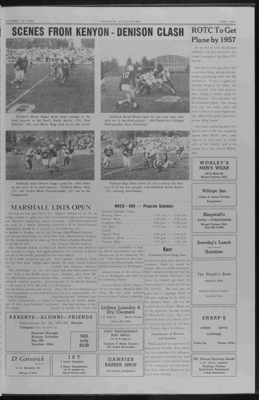 976 45 OCTOBER 3, 956 KENYON COLLEGAN PAGE FVE SCENES FROM (Era - DENSON CLASH ROTC To Get Plane by 957 Densons Bruce Hager gans short yardage n the thrd quarter as the Lords Keth Brown (0), Fred