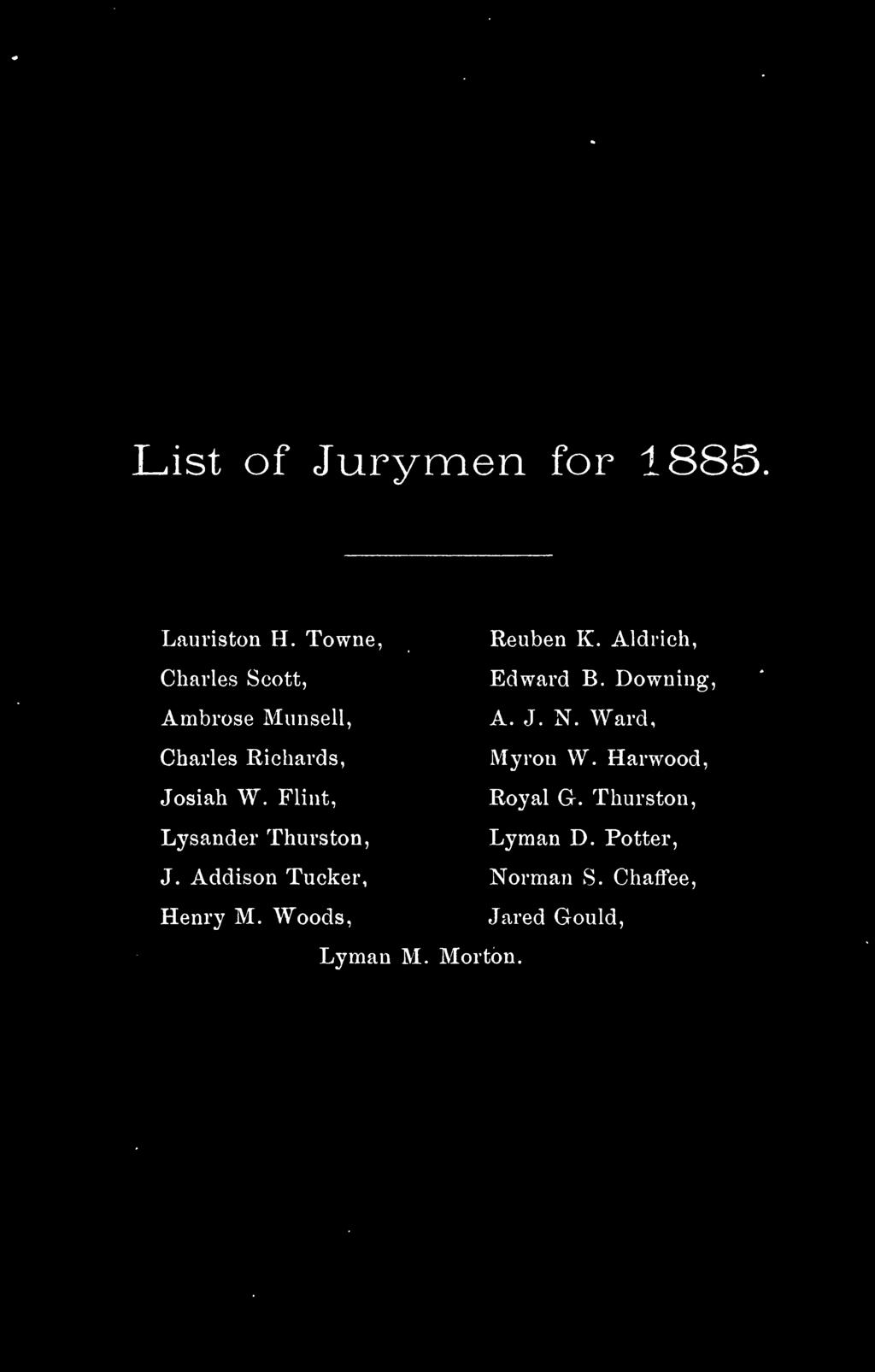 List of Jurymen for 1885. Lauriston H. Towne, Charles Scott, Ambrose Munsell, Charles Richards, Josiah W. Flint, Lysander Thurston, J. Addison Tucker, Henry M.