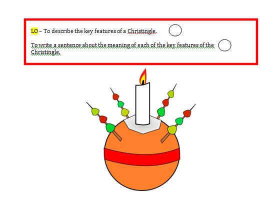25-30 mins, children in their groups Activity: children make a Christingle each. They draw a Christingle in their books and label the parts.