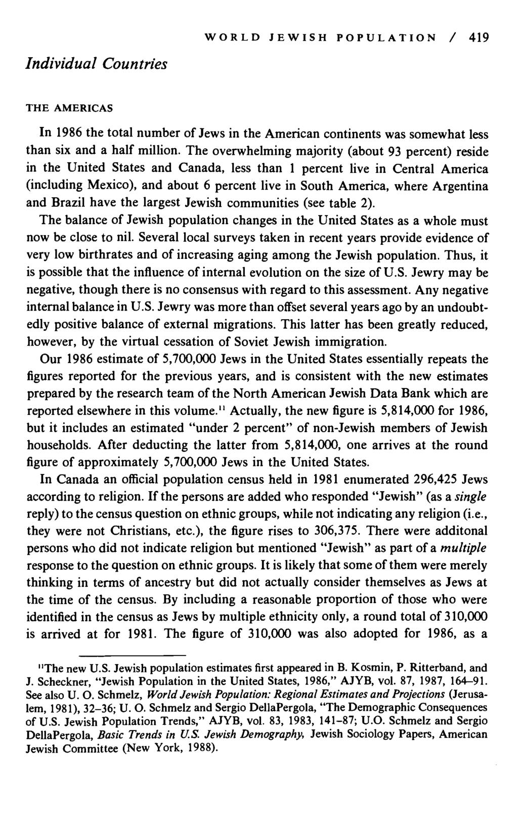 Individual ountries WORL JEWISH POPULATION / 419 THE AMERIAS In the total number of Jews in the American continents was somewhat less than six and a half million.