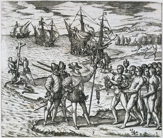 [Engraving of Columbus meeting natives.] a. What clues did the crew notice that would indicate land was near? b.