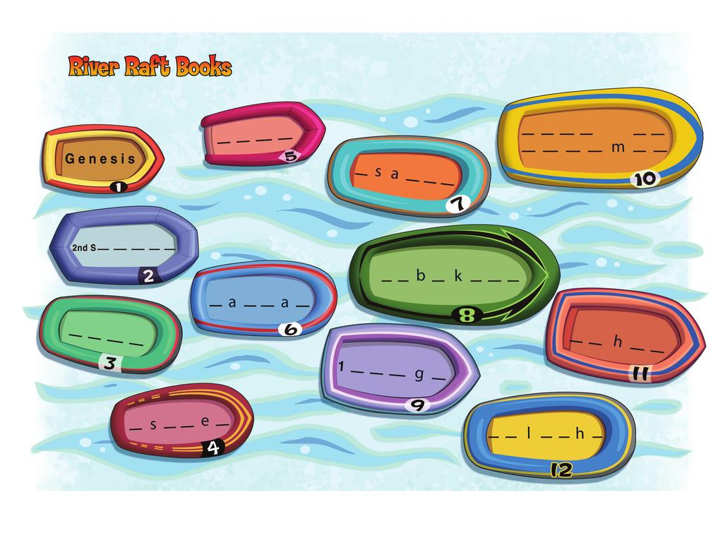 Instructions: Find the missing books of the Bible by filling in the spaces on each raft.