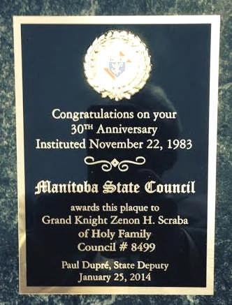 Holy Family Council Knights of Columbus #8499 Receives two awards from Manitoba State.