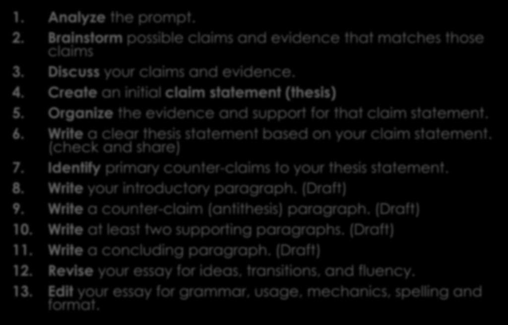 Reminder: the essay process 1. Analyze the prompt. 2. Brainstorm possible claims and evidence that matches those claims 3. Discuss your claims and evidence. 4.