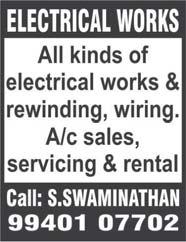AMC: window A/c Rs. 1000 / split A/c Rs. 1500. Air-conditioners available for rent without deposit. Contact: Weather Coolers, Ph: 4204 7463, 90802 02063, 98411 21532.