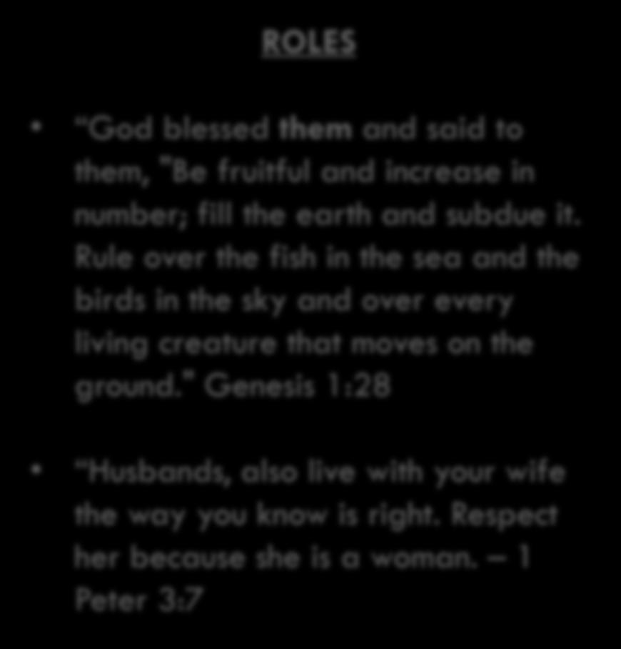 What Christianity says, according to the Bible: ROLES God blessed them and said to them, "Be fruitful and