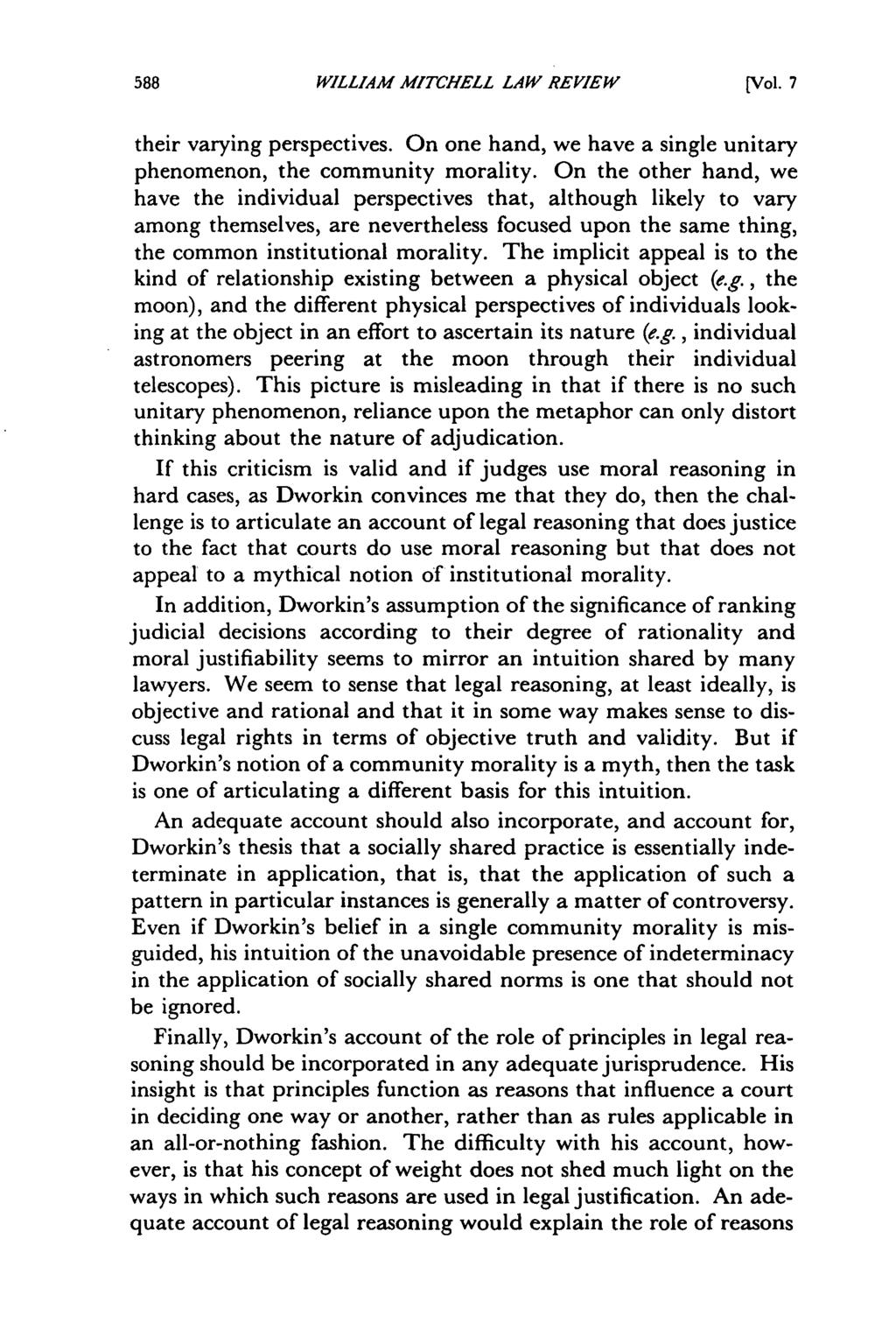William Mitchell Law Review, Vol. 7, Iss. 3 [1981], Art. 1 WILLIAM MITCHELL LAW REVIEW [Vol. 7 their varying perspectives. On one hand, we have a single unitary phenomenon, the community morality.