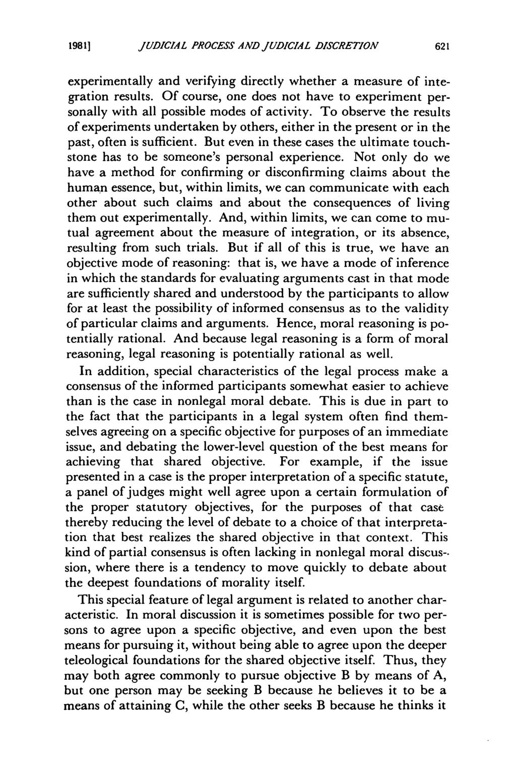 19811 Pannier: The Nature of the Judicial Process and Judicial Discretion JUDICIAL PROCESS AND JUDICIAL DISCRETION experimentally and verifying directly whether a measure of integration results.