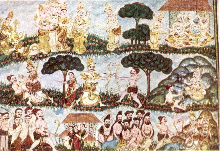 Arjuna and Kirāta are engaged in fighting with bow and arrows. Arjuna and Kirāta are engaged in wrestling; Kirāta has been put down. Arjuna is about to deliver a blow from his left-hand.