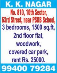 JAFFERKHANPET, Nethaji Nagar 1 st Main Road, near Bhuvaneswari Amman Koil, 2 bedrooms, 820 sq.ft, ground floor, fully furnished. Ph: 94441 57369, 93451 74920.