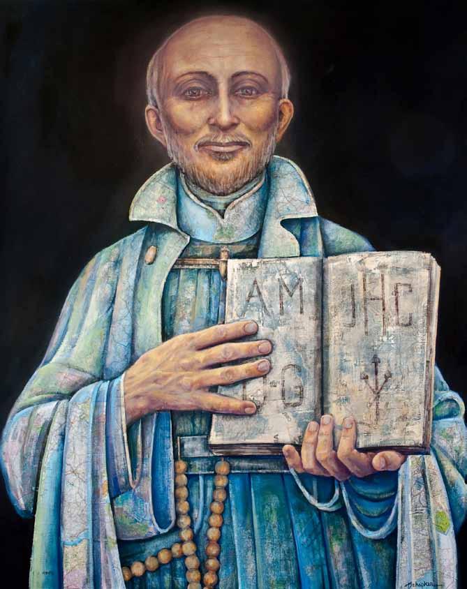 Ignatius Portrait 40" x 60" oil and maps on canvas The contemporary maps embedded in Ignatius s garment represent his close relationship with Our Lady