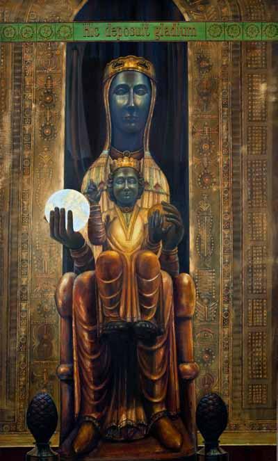 Black Madonna of Montserrat 36" x 60" oil on canvas Ignatius Loyola laid his sword at the foot of the statue of the Black Madonna of Montserrat, taking a leap of faith.