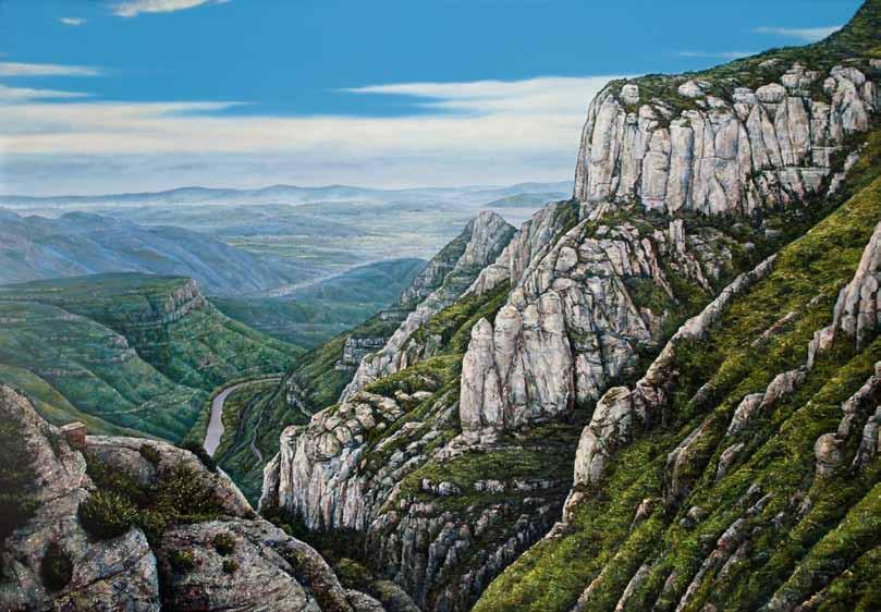 Montserrat Landscape 72" x 50" oil and maps on canvas In Montserrat, Ignatius Loyola pondered his life and contemplated his confessions and desires in hopes of a future with God.