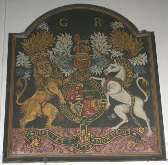 Above the south door is the Royal Coat of Arms of George 1 (36), probably re-used from the arms of King Charles.
