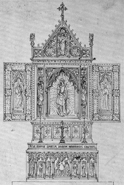conventional reredos of 1879 designed by Pugin s youngest son Peter Paul, leaving the Wexford altarpiece as the only survivor of this form in his oeuvre.
