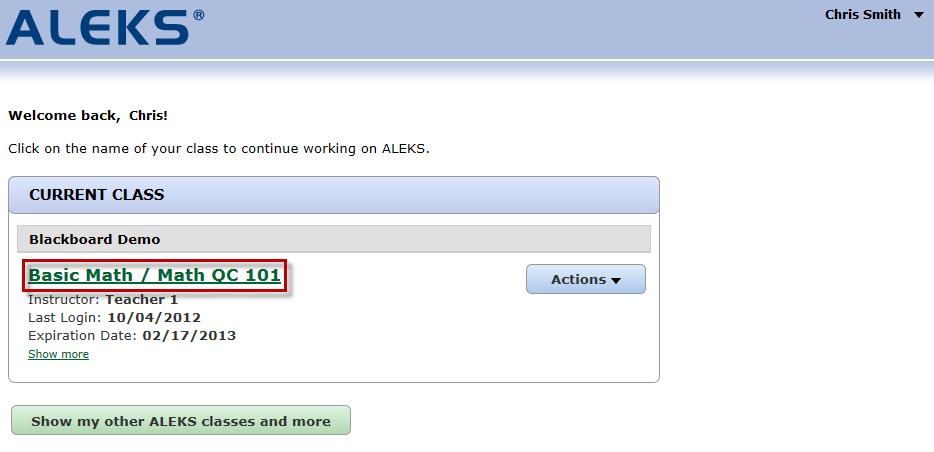 In the Account Home, the student will now see the new ALEKS class he is enrolled in