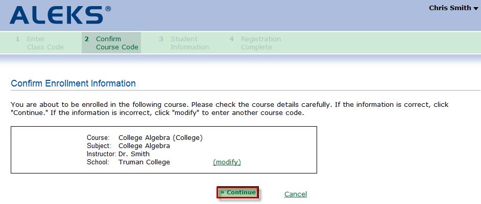 The student reviews the details of the class and then, clicks on the >> Continue button.