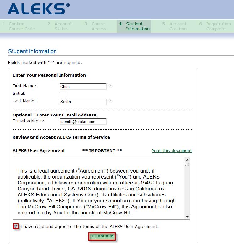 After completing the purchase, the student enters his personal information and then, checks the box I have read and agree to the terms of the ALEKS User Agreement.