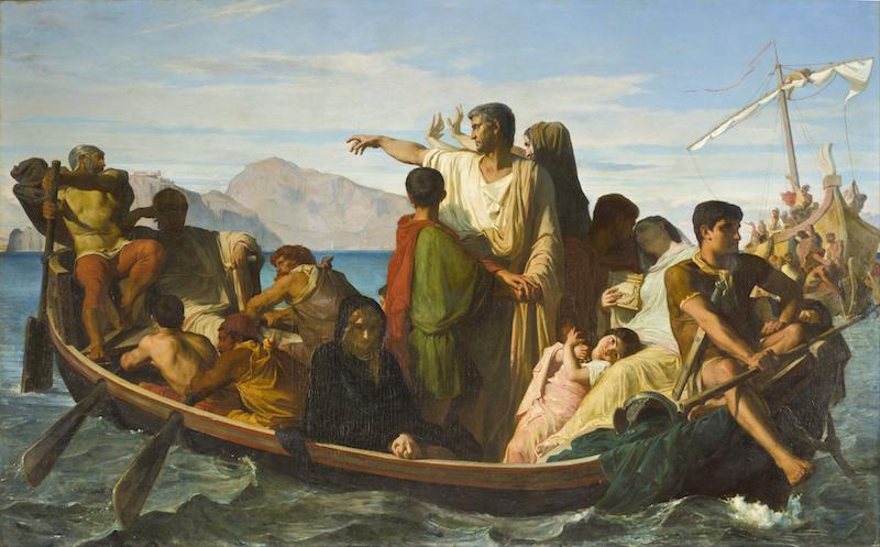 the emperor and his family from Rome for their island retreat is captured in Felix Barras s painting Exiles of Tiberius, as the forlorn group crowds into a small boat to escape the corruption of Rome.