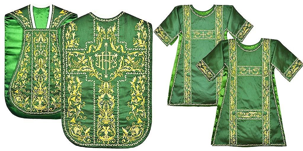 Vestments for priest, deacon, and subdeacon: chasuble, dalmatic, and tunicle. Not pictured are the stoles and maniples proper to each role. St.