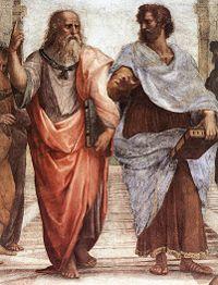 Aristotle The First to separate rhetorical elements, The persuasive appeals of communicating Plato (left) and Aristotle (right), a detail of The School of Athens, a fresco by Raphael.