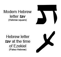 used in Ezekial s day. The difference is seen in the example on the right where it is easy to see that the ancient tav looks like a cross sloped to one side.