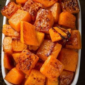 Tips & Bits Maple Cinnamon Roasted Butternut Squash Servings 4 servings Ingredients 1 large butternut squash about 3 lbs, peeled, seeded and cut into 1 inch cubes 1 1/2 tablespoons extra virgin olive