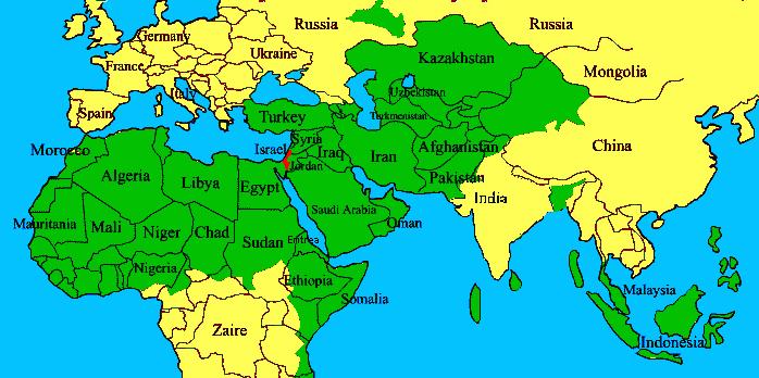 This map shows Muslim countries in green. America is pressuring only one country on this map to give up Land. The red one.