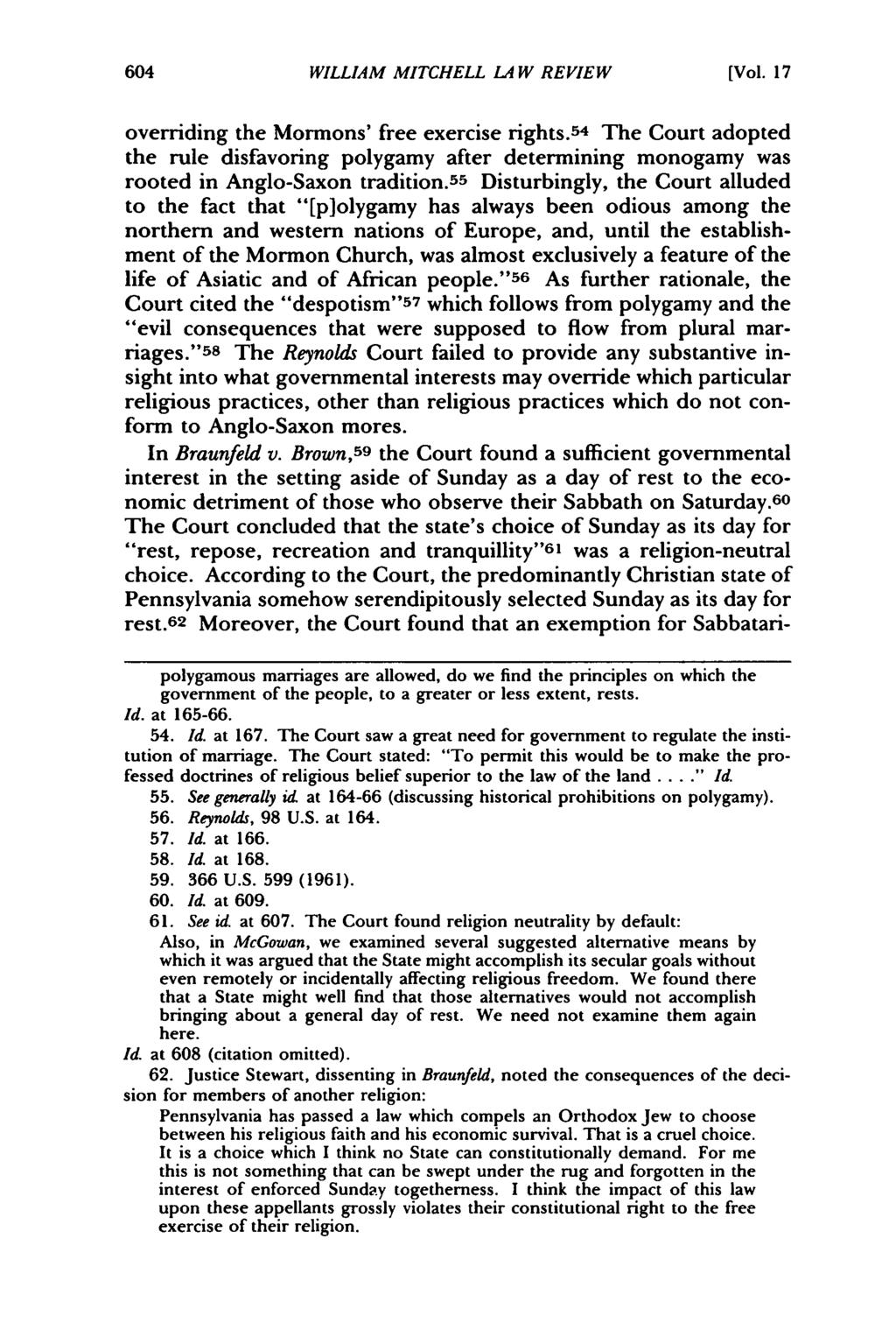 William Mitchell Law Review, Vol. 17, Iss. 2 [1991], Art. 16 WILLIAM MITCHELL LA W REVIEW [Vol. 17 overriding the Mormons' free exercise rights.