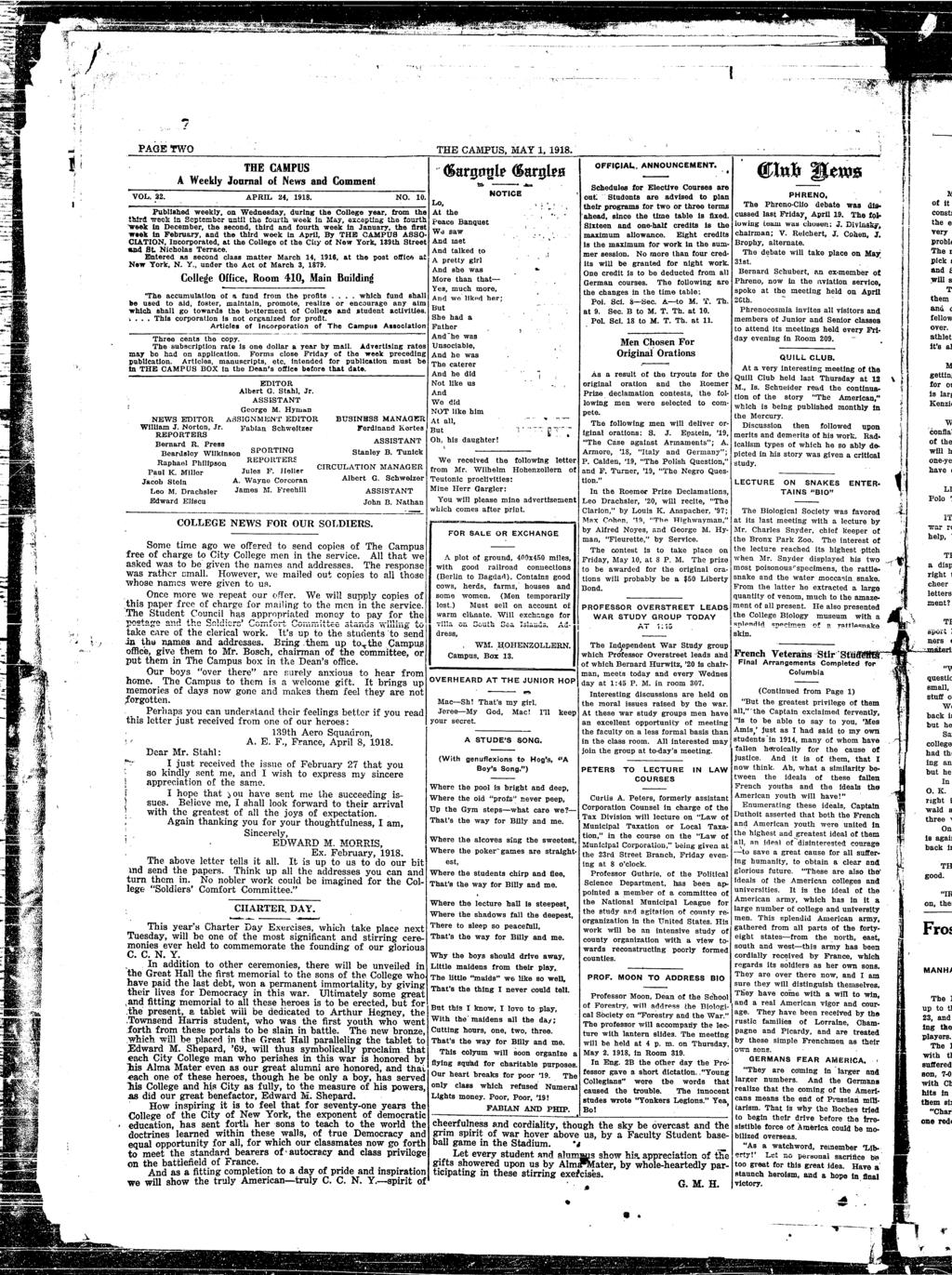 !. PAGE TWO THE CAMPUS A Weekly Joornal of News and Commen VOL. 22. APRL 24 1918. NO. 10. Lo Publ1shed weekly on Wednesday. durng he College year. ram he A he!1!rd "Week 1n Sepember unn h6 fou.r.h weak n.