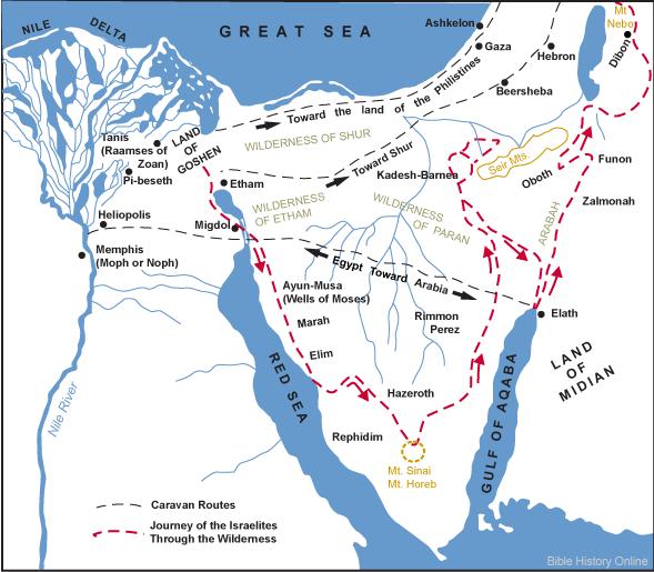 Week 8 A People Called Out 16. Below is a map showing a commonly accepted route of the exodus as the bold broken line leading out of the Land of Goshen.