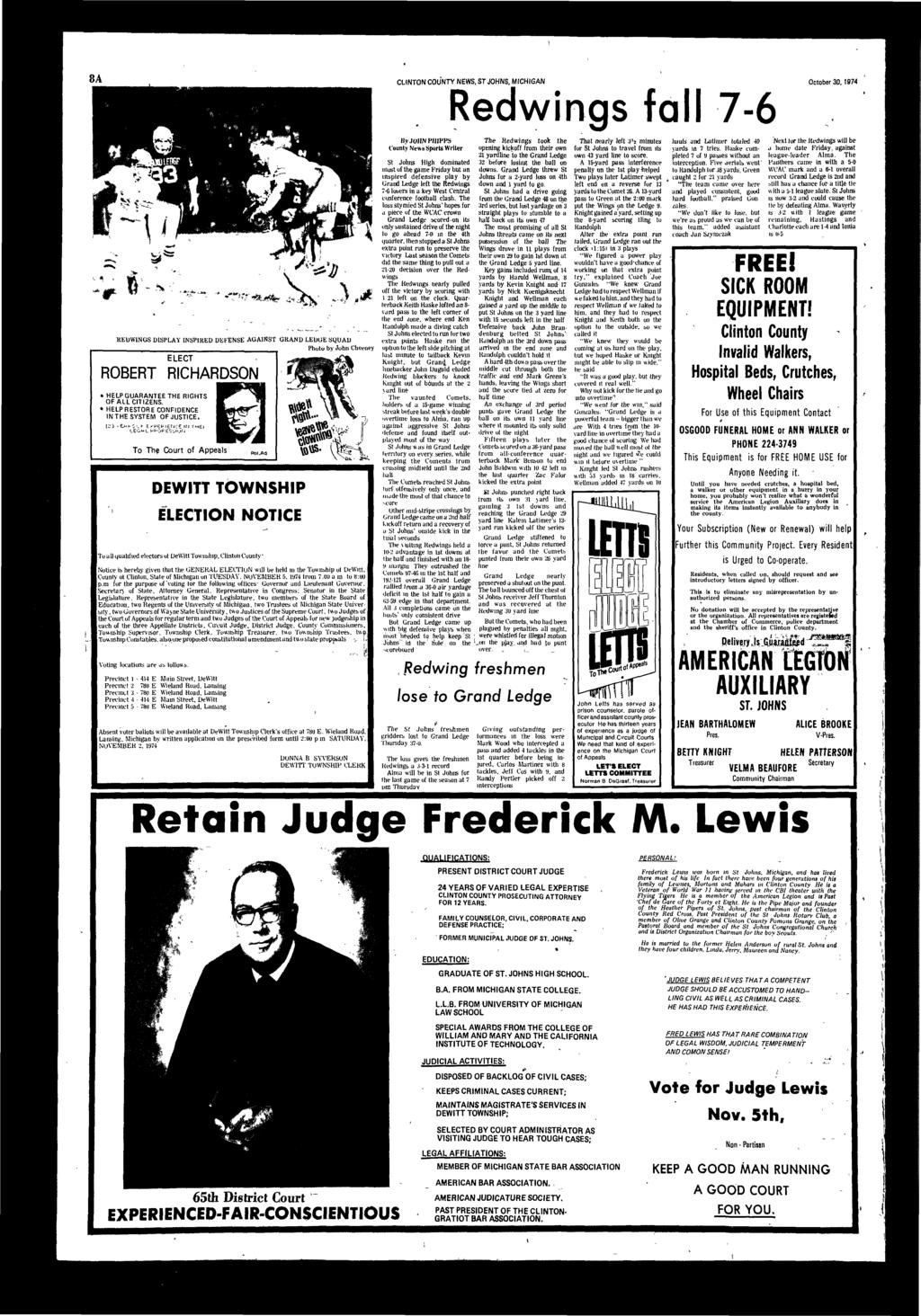 CLINTON COUNTY NEWS, ST JOHNS, MICHIGAN October 30,1974 Redwings fll 7-6 **»* -**-*«.^tojk,m.