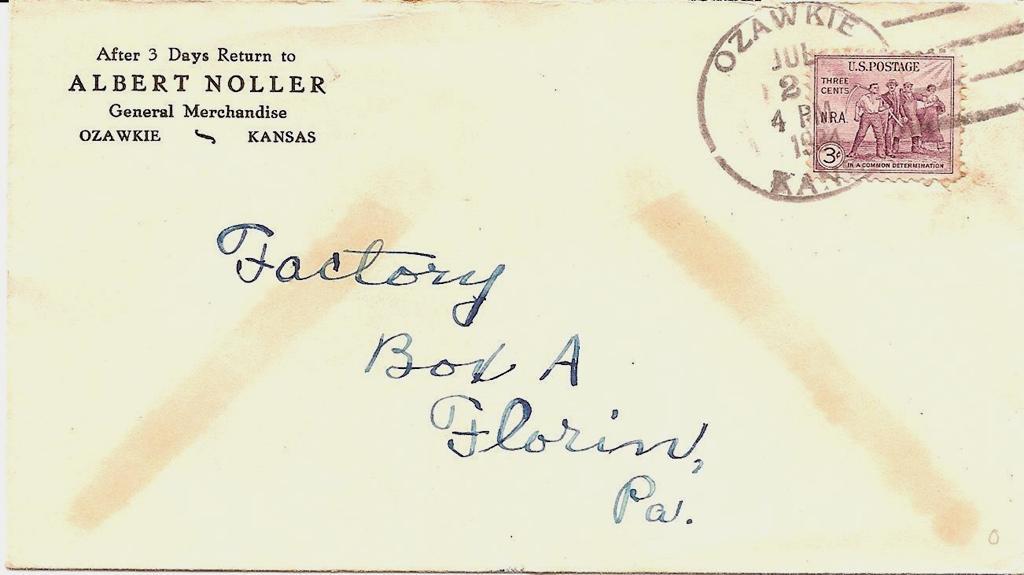 Figure 4 Corner Card Cover postmarked from Ozawkie, Kansas in 1934 Ozawkie as it stands today is known as the Oldest and Newest Town in Jefferson County.