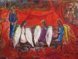 The three angelic visitors represent the triune nature of God the Creator, Christ the Son and the Holy Spirit. Abraham sees holiness and invites it to his table.