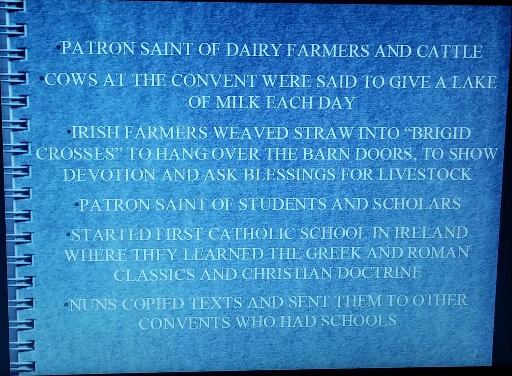 PATRON SAINT OF DAIRY FARMERS AND CATTLE COWS AT THE CONVENT WERE SAID TO GIVE A LAKE OF MILK EACH DAY IRISH FARMERS WEAVED STRAW INTO BRIGID CROSSES TO HANG OVER THE BARN DOORS, TO SHOW DEVOTION AND