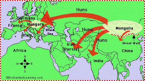 THE HUNS Emerged in Central Asia and migrated westwards No written records Confederation of horse-back steppe nomads Mixed masses