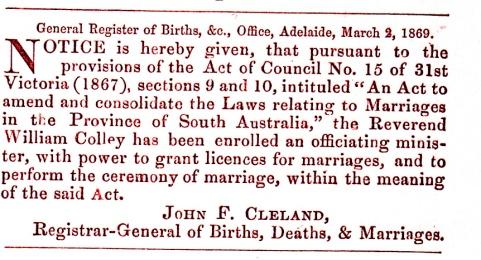 1869 Government Gazette Notice and in February, 1870, he represented the Kooringa Circuit at the Annual District Meeting of the Primitive Methodist