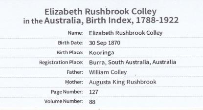 In September of the same year some joy came in the birth of William and Augusta s daughter, Elizabeth Rushbrook Colley, who was to be their last child.