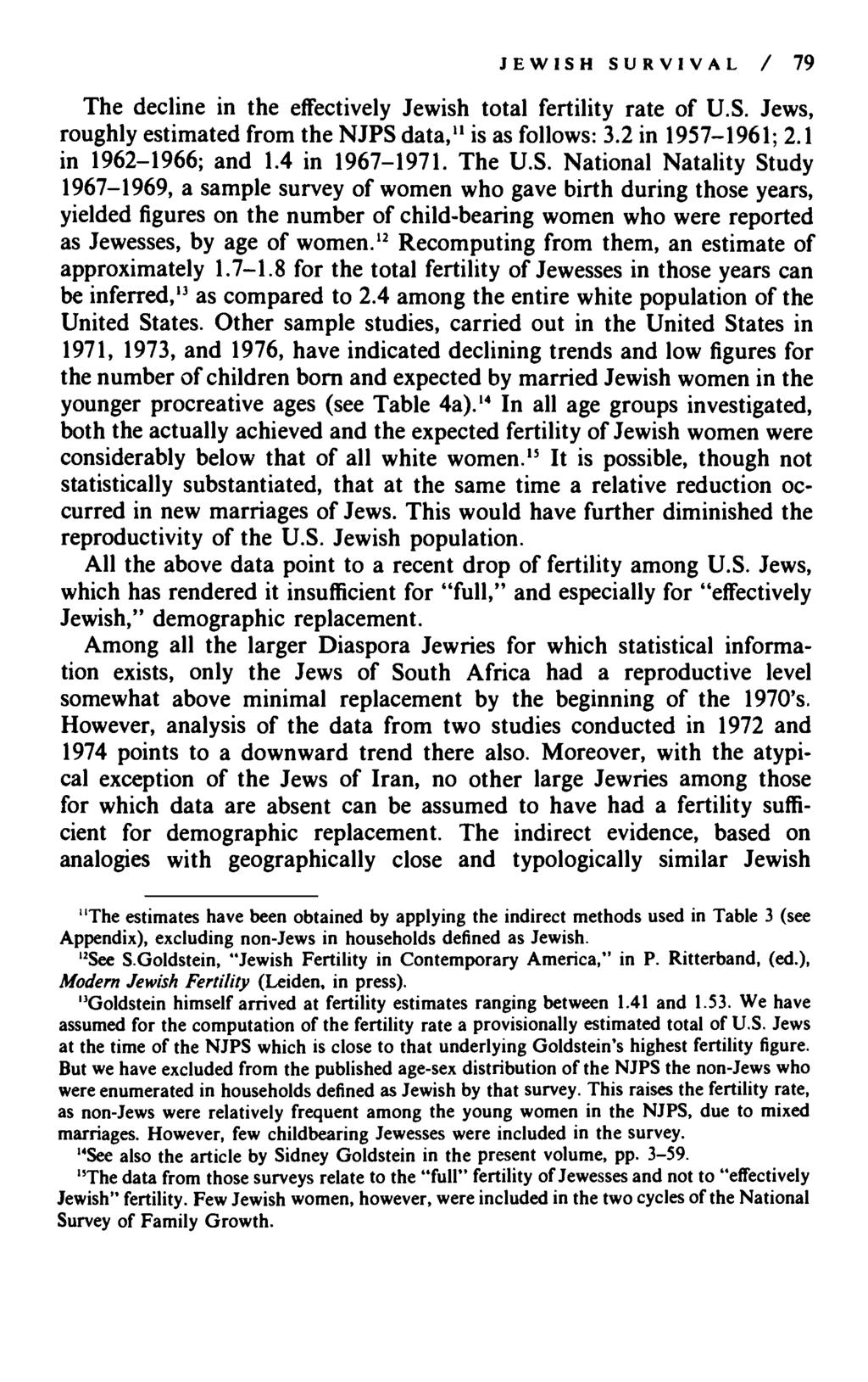 JEWISH SURVIVAL / 79 The decline in the effectively Jewish total fertility rate of U.S. Jews, roughly estimated from the NJPS data," is as follows: 3.2 in 1957-1961; 2.1 in 1962-1966; and 1.