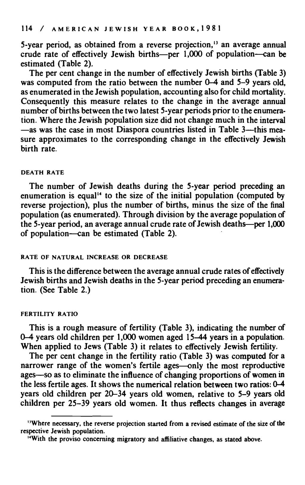 114 / A M E R I C A N J E W I S H Y E A R B O O K, 1 9 8 1 5-year period, as obtained from a reverse projection," an average annual crude rate of effectively Jewish births per 1,000 of population can