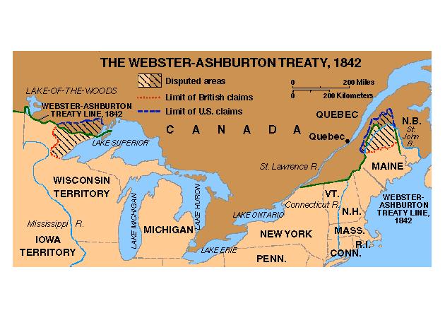 WEBSTER-AHSBURTON TREATY SETTLED THE MAINE BORDER U.S. GOT MORE LAND BUT THE BRITISH GOT THE
