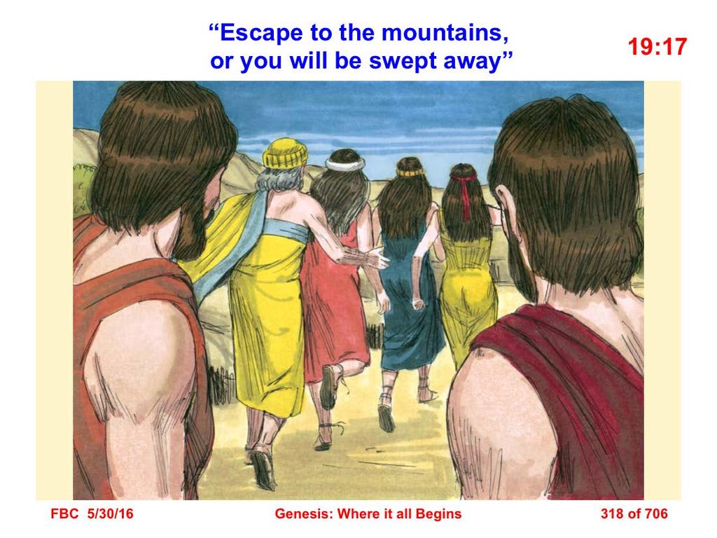 17 When they had brought them outside, one said, Escape for your life! Do not look behind you, and do not stay anywhere in the valley; escape to the mountains, or you will be swept away (Gen. 19:17).
