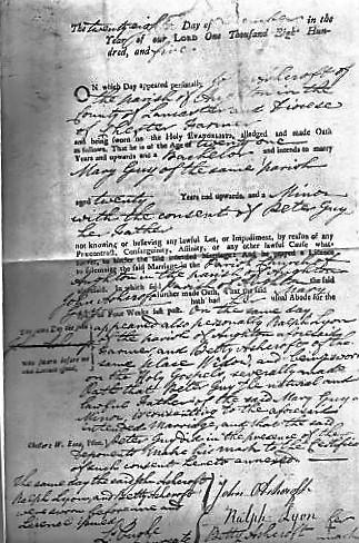 Marriage of John, junior and Mary Guy On 26 December 1805 Peter and Betty Guy marked their consent to the marriage of their daughter Mary (then 20) with John Ashcroft, junior.