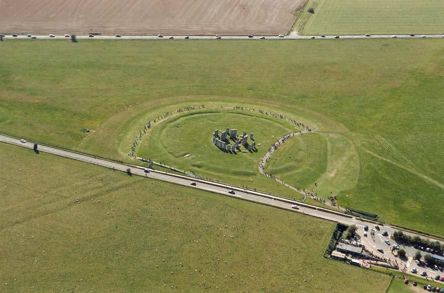 Figure 29: Stonehenge from the north, September 2005, showing the visitor arrangements in place until recently with the now-closed A344 in the foreground and the A303 running across the top of the