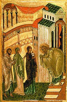 Meeting of the Lord, Russian Orthodox icon, 15th century. The event is described in the Gospel of Luke (Luke 2:22 40).